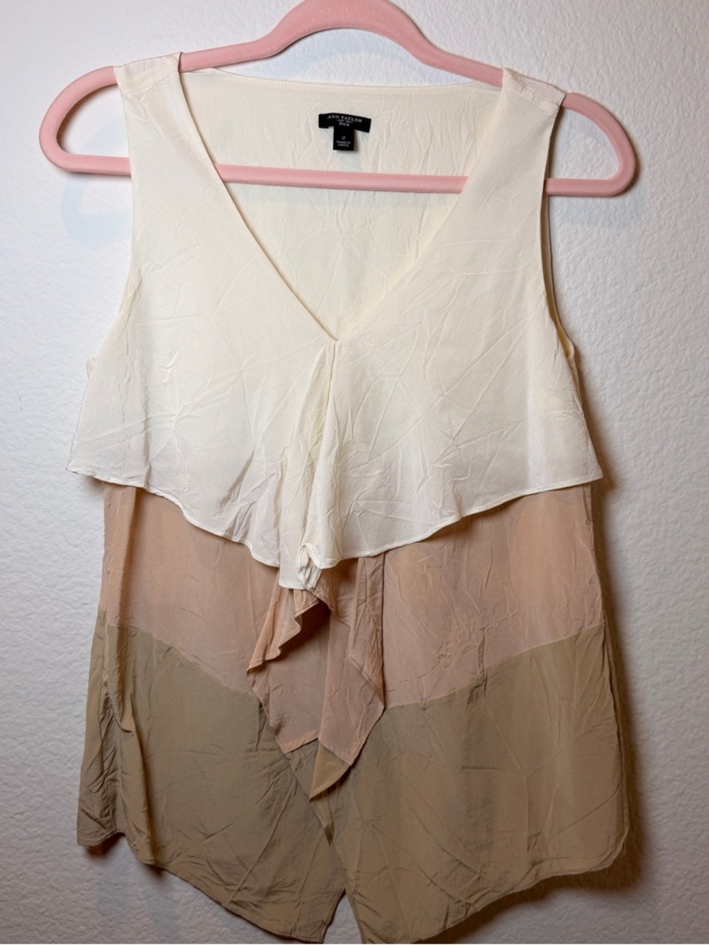 Ann Taylor Silk Colorblock‎ Blouse Cream Blush Taupe Ruffle Layered Tank Size 2